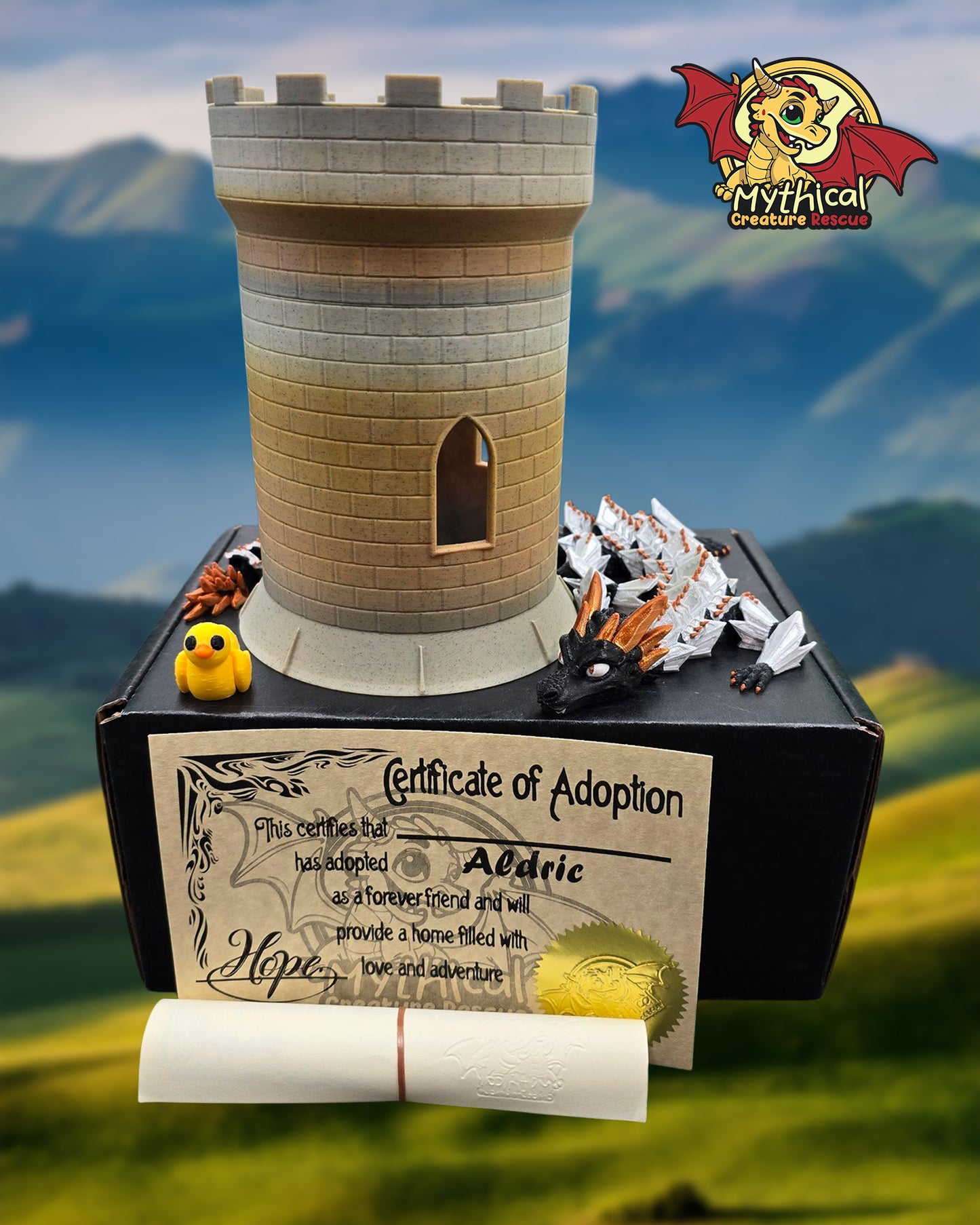 Aldric Jr. Dragon and Tower Combo | Black with Silver and Gold Armor