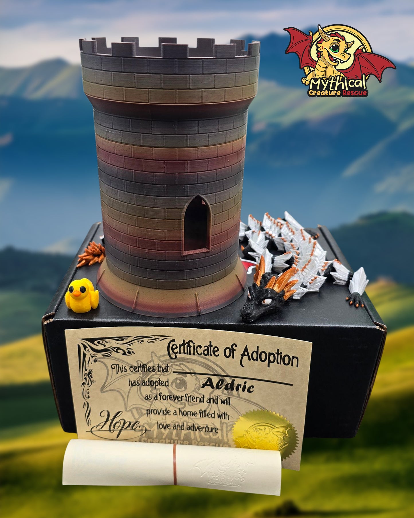 Aldric Jr. Dragon and Tower Combo | Black with Silver and Gold Armor