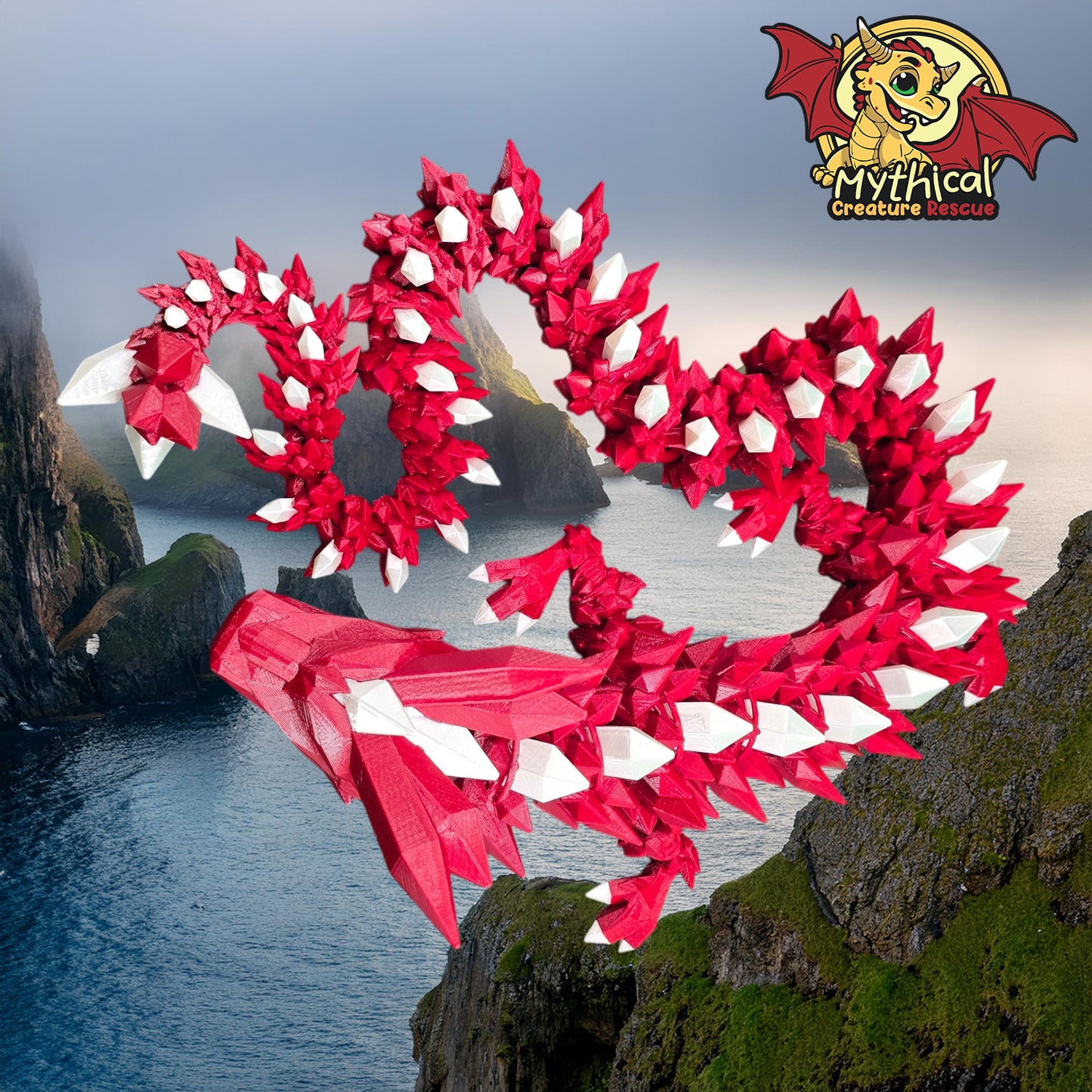 Onyx Dragon | Articulated Dragon | Fire Engine Red, White Silk