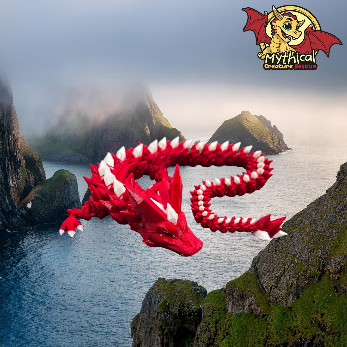 Onyx Dragon | Articulated Dragon | Fire Engine Red, White Silk