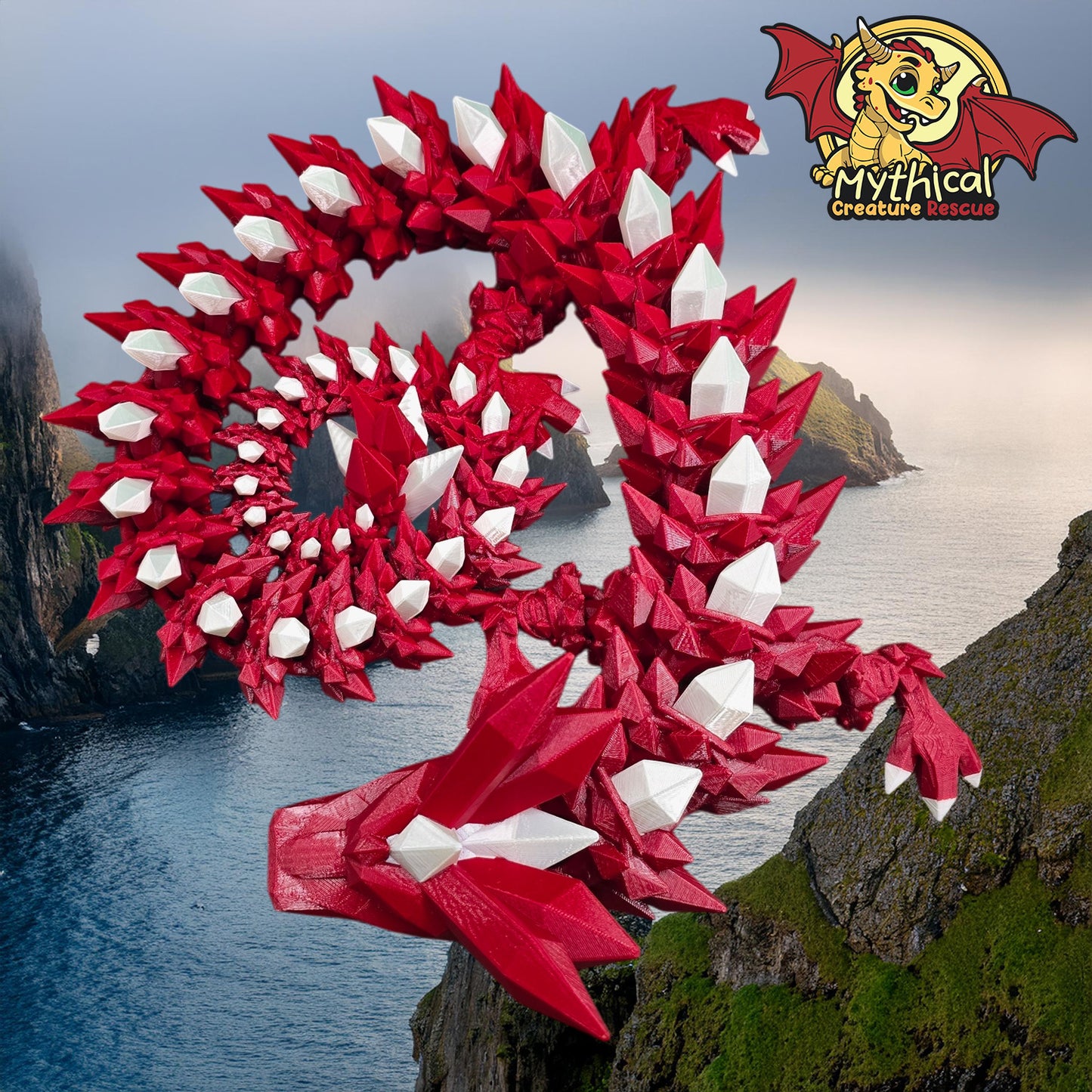 Onyx Dragon | Articulated Dragon | Fire Engine Red, White Silk