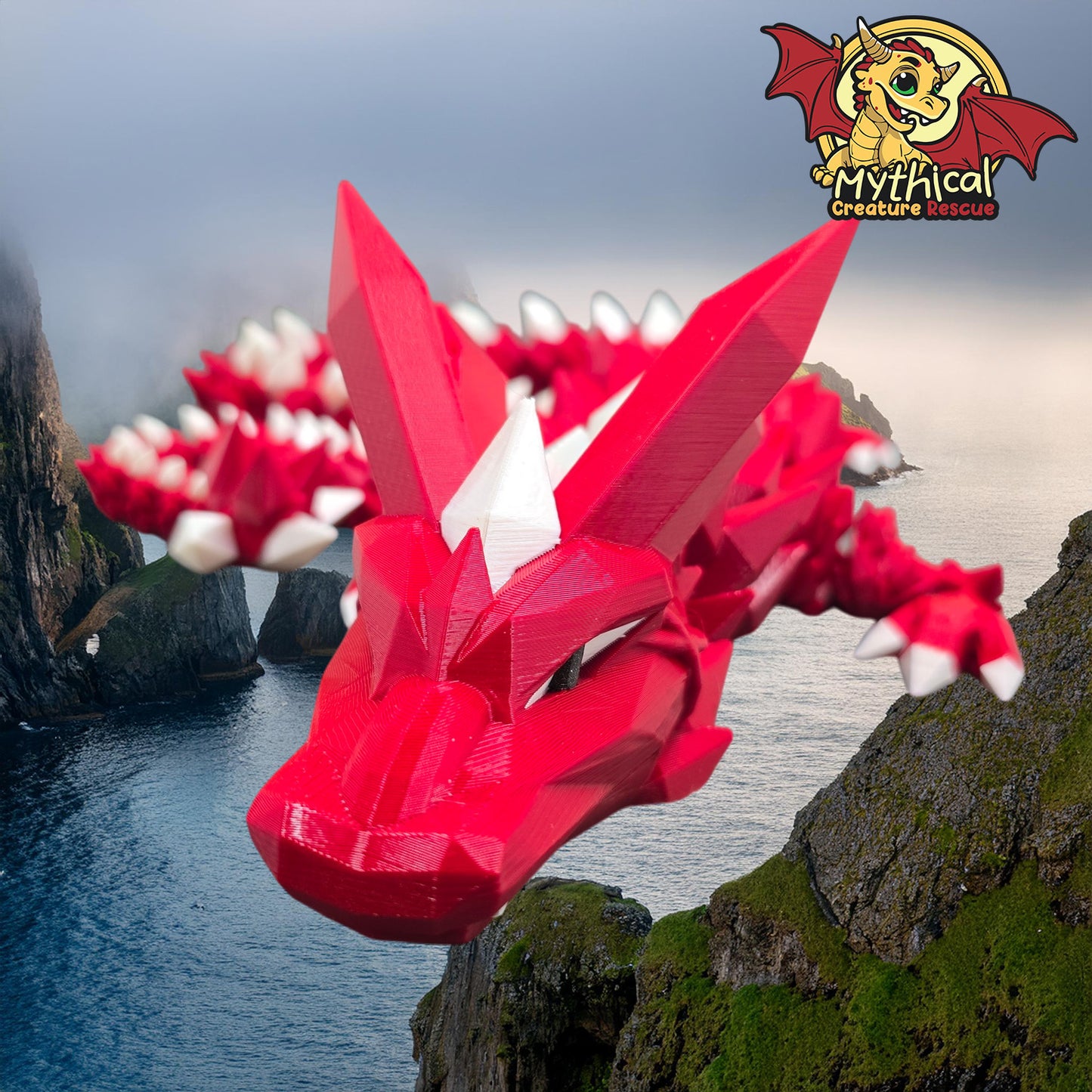Onyx Dragon | Articulated Dragon | Fire Engine Red, White Silk