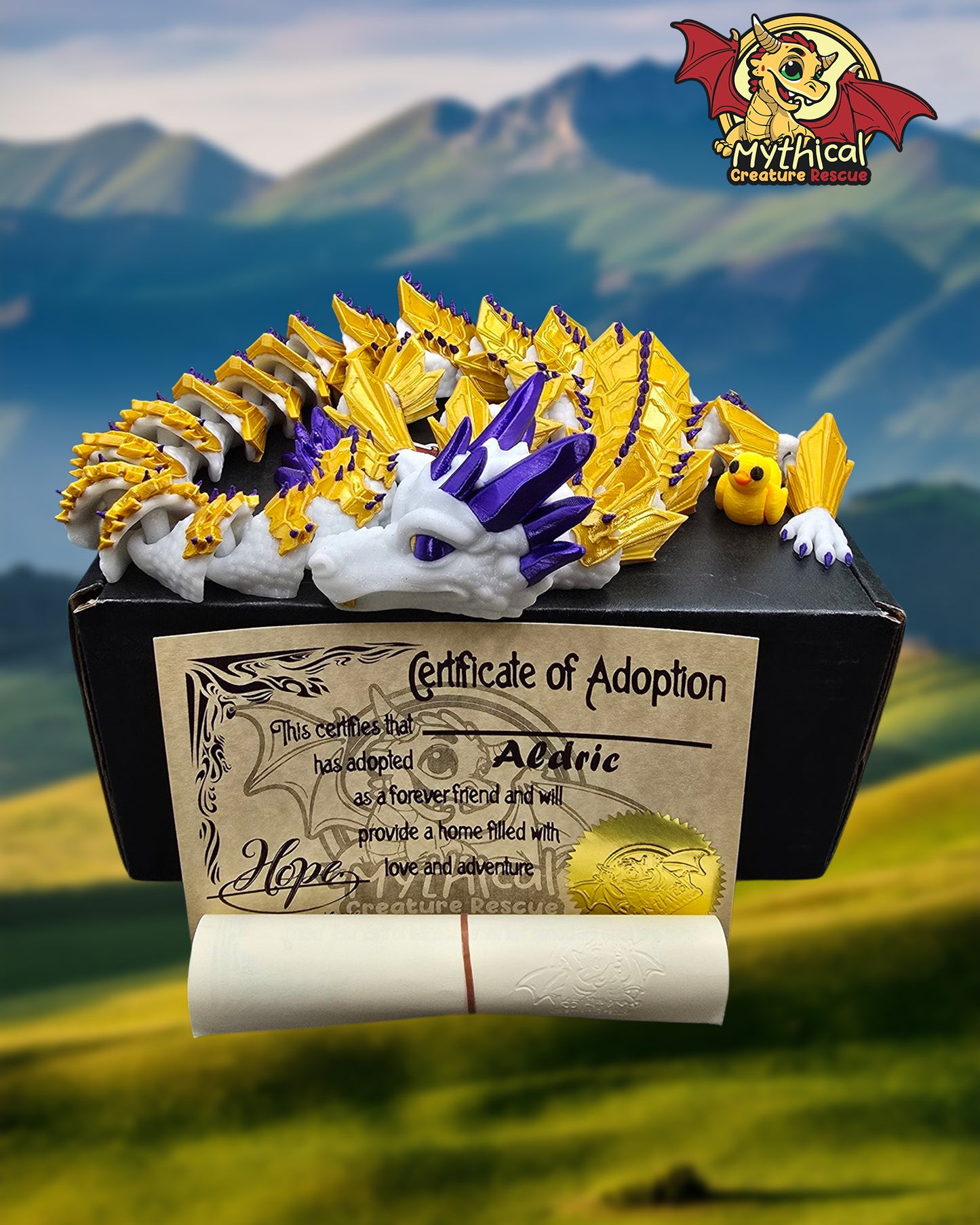 Aldric Dragon | Articulated Dragon | White Glitter, Gold Silk, and Purple Silk