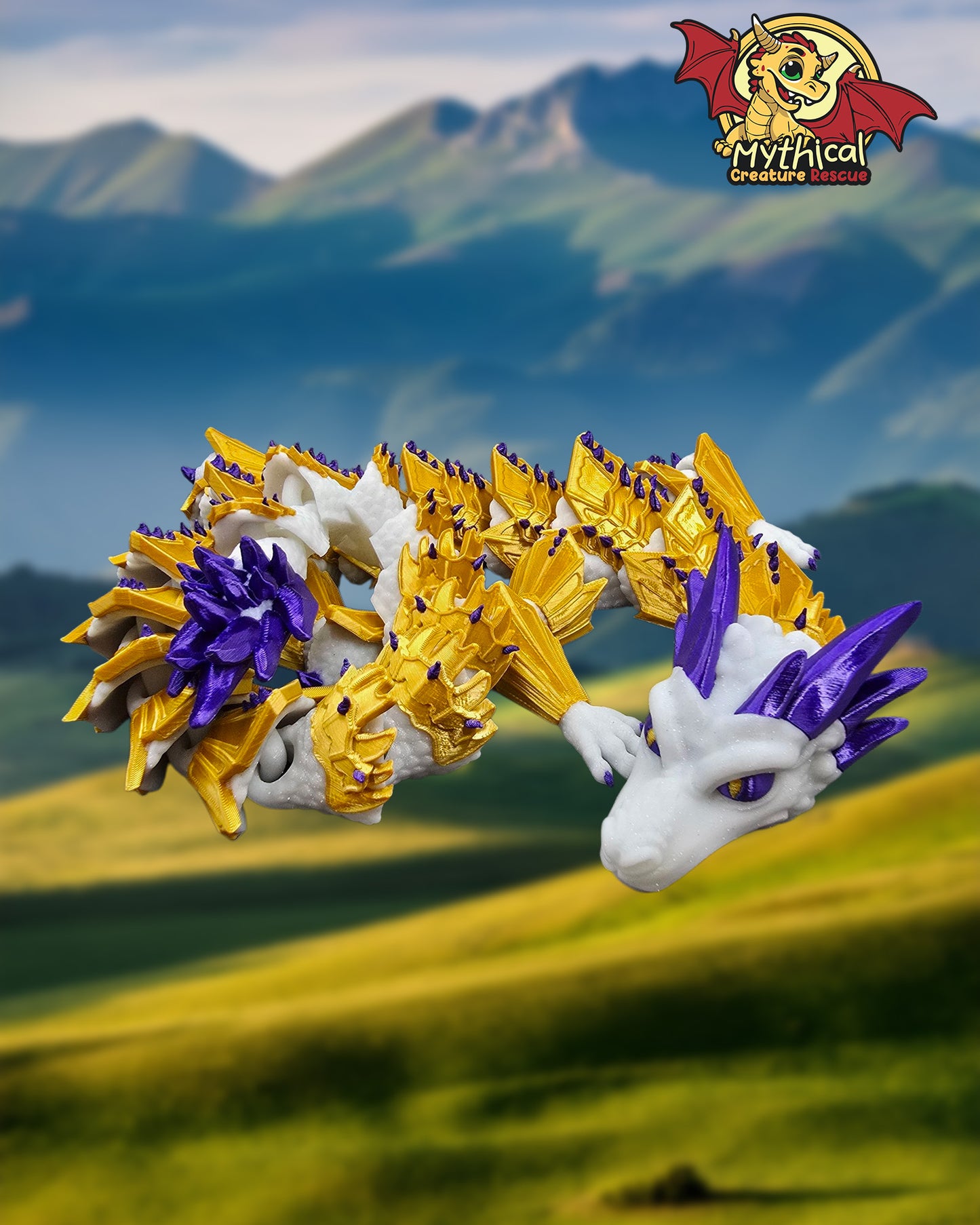 Aldric Dragon | Articulated Dragon | White Glitter, Gold Silk, and Purple Silk