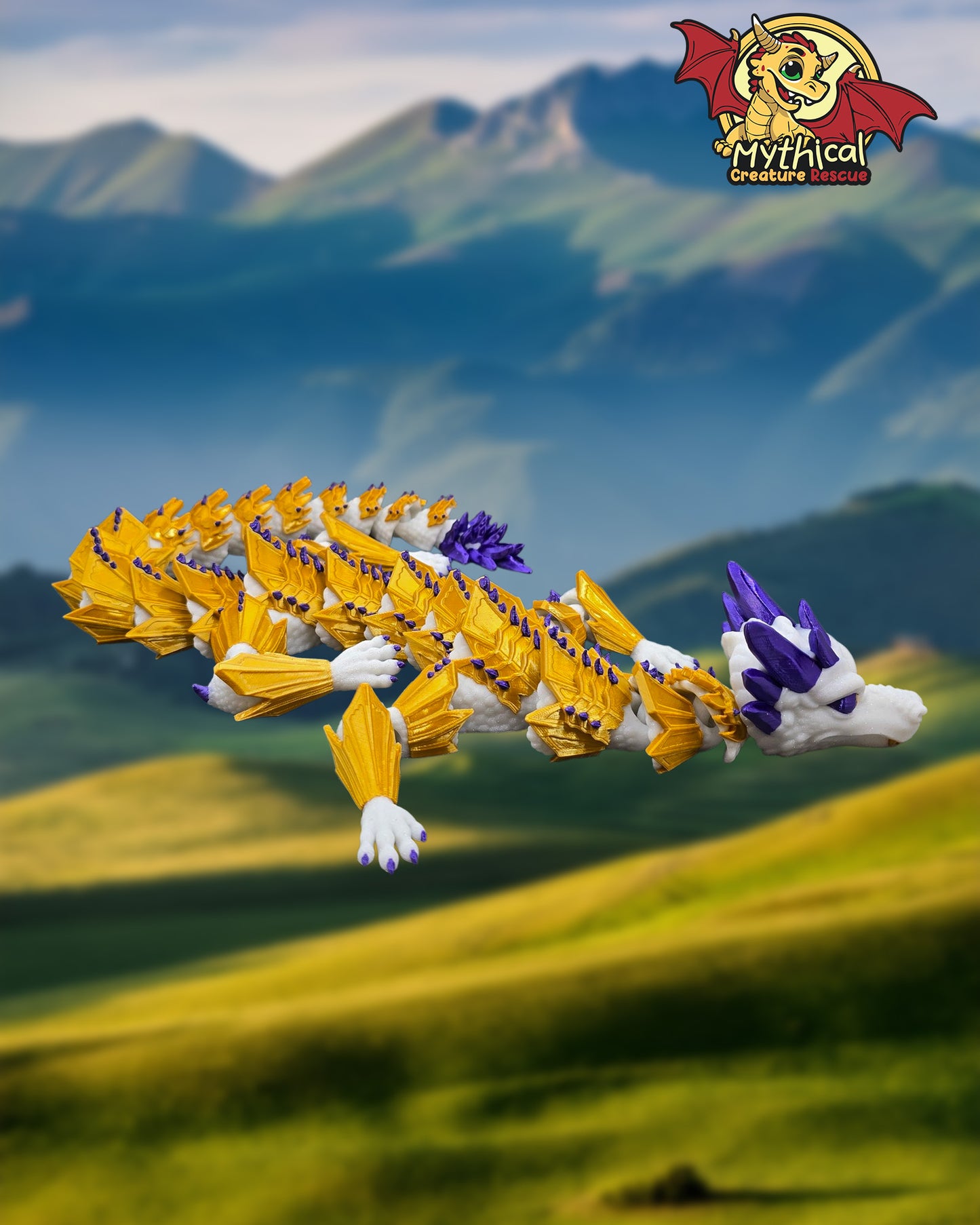 Aldric Dragon | Articulated Dragon | White Glitter, Gold Silk, and Purple Silk
