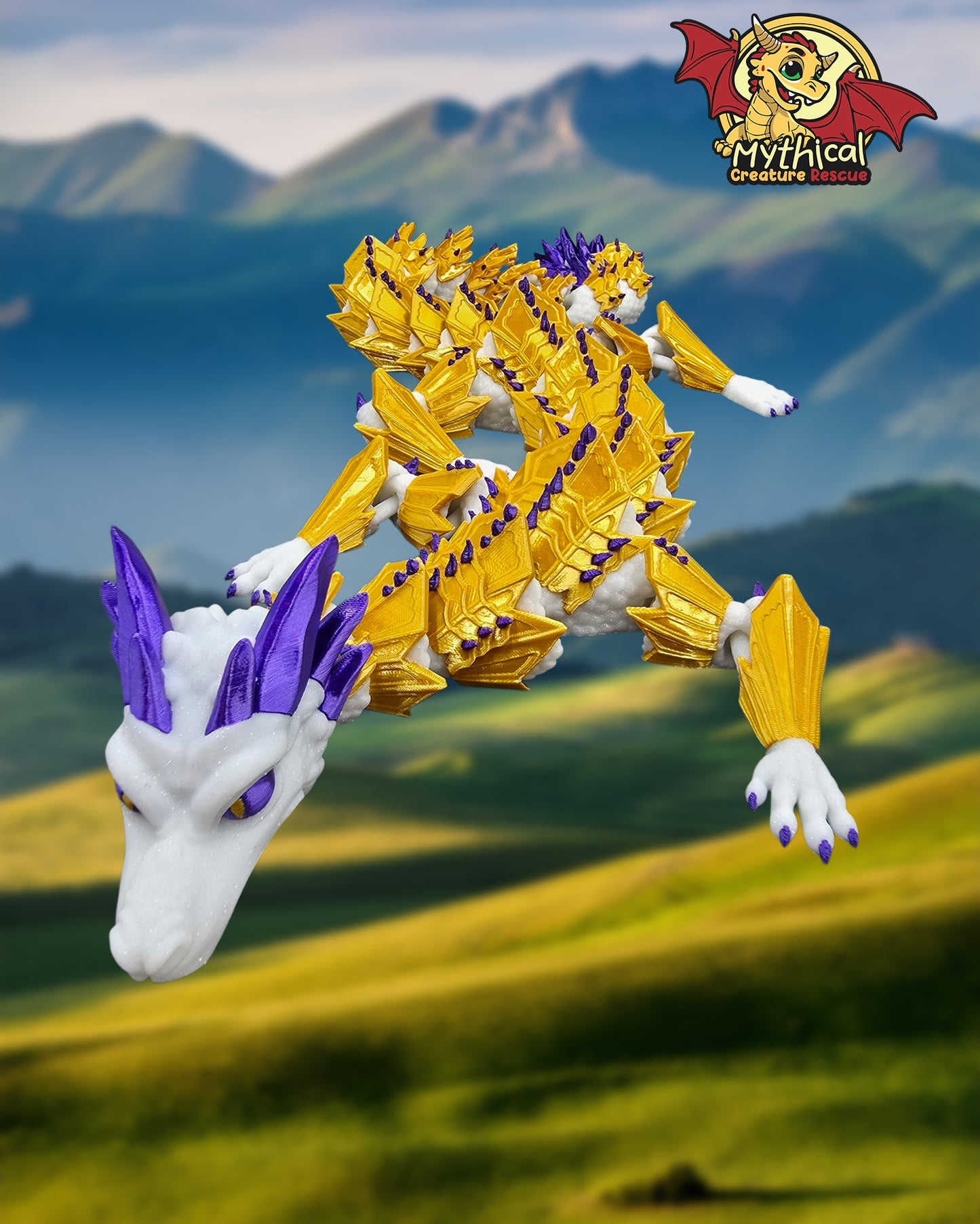Aldric Dragon | Articulated Dragon | White Glitter, Gold Silk, and Purple Silk