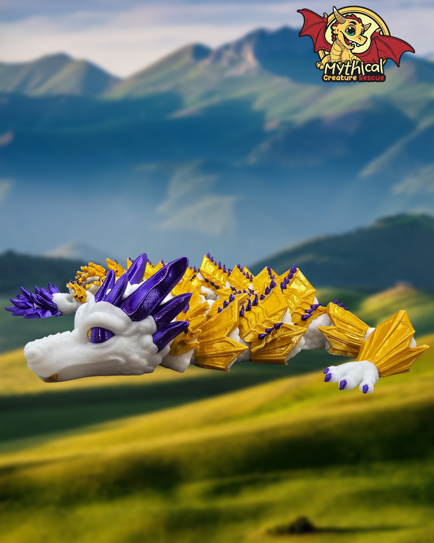 Aldric Dragon | Articulated Dragon | White Glitter, Gold Silk, and Purple Silk