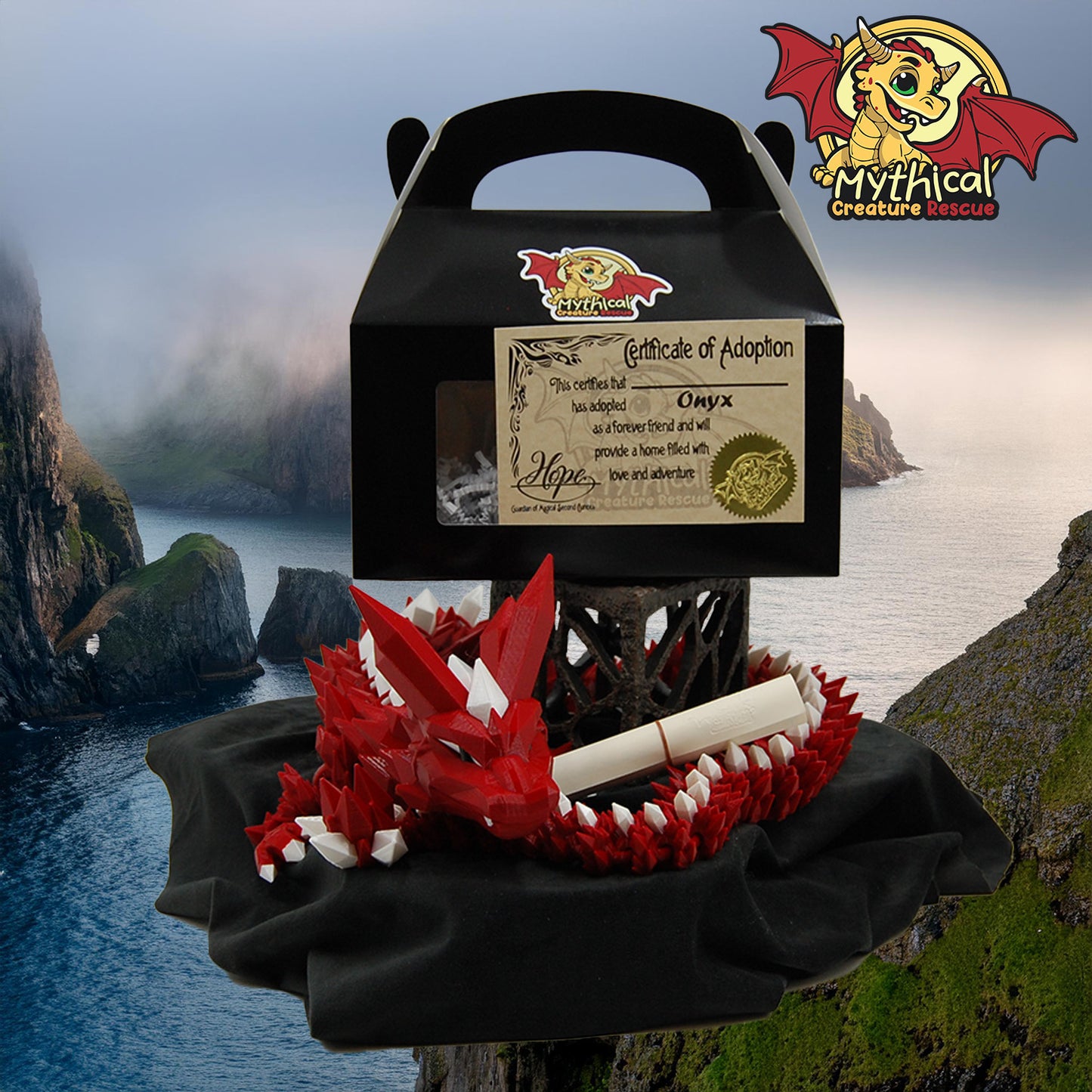 Onyx Dragon | Articulated Dragon | Fire Engine Red, White Silk